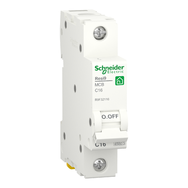 R9F32116 - Miniature circuit breaker (MCB), Resi9, 1P, 16A, C curve, 4500A (IEC/EN 60898-1) Schneider Electric