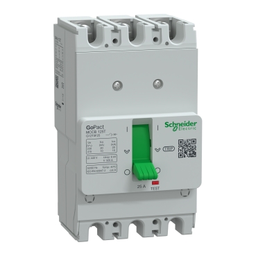 G12T3F25 | Circuit breaker, GoPact MCCB 125, 3 poles, 10kA at 415VAC, 25A rating, TMD trip unit, fixed thermal protection