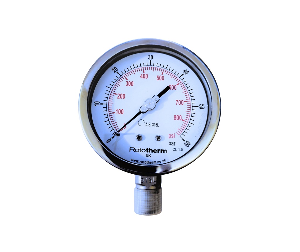 Glycerin Filled Pressure gauge 0-60 bar +/-1% Accuracy, Dial 4", Connection 1/2", AISI 304 SS, Connection 316 SS, Safety Glass