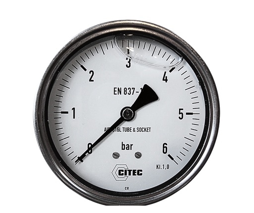 Glycerin Filled Pressure gauge 0-6 bar +/-1% Accuracy, Dial 4", Connection 1/2", AISI 304 SS, Connection 316 SS, Safety Glass