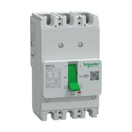 G12T3F63 | Circuit breaker, GoPact MCCB 125, 3 poles, 10kA at 415VAC, 63A rating, TMD trip unit, fixed thermal protection